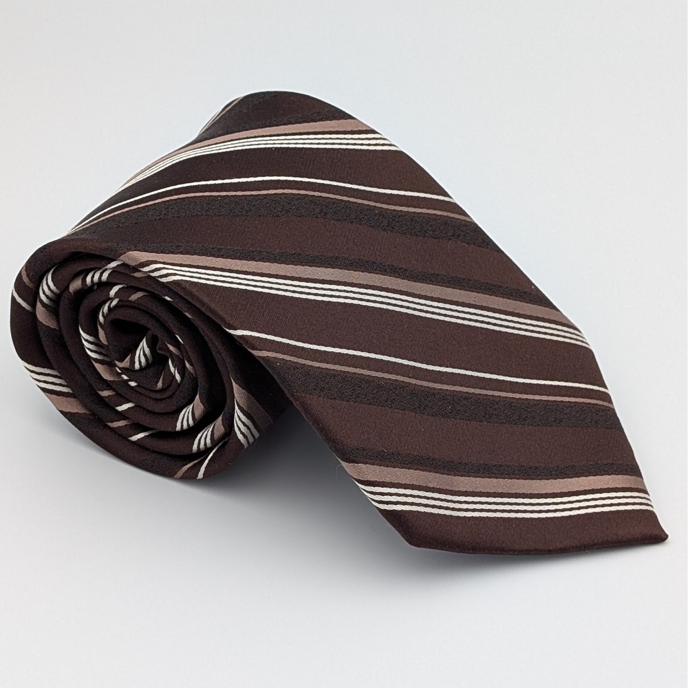 Croft & Barrow Silk Tie Brown Tan Ivory Geometric Diagonal Stripe Classic